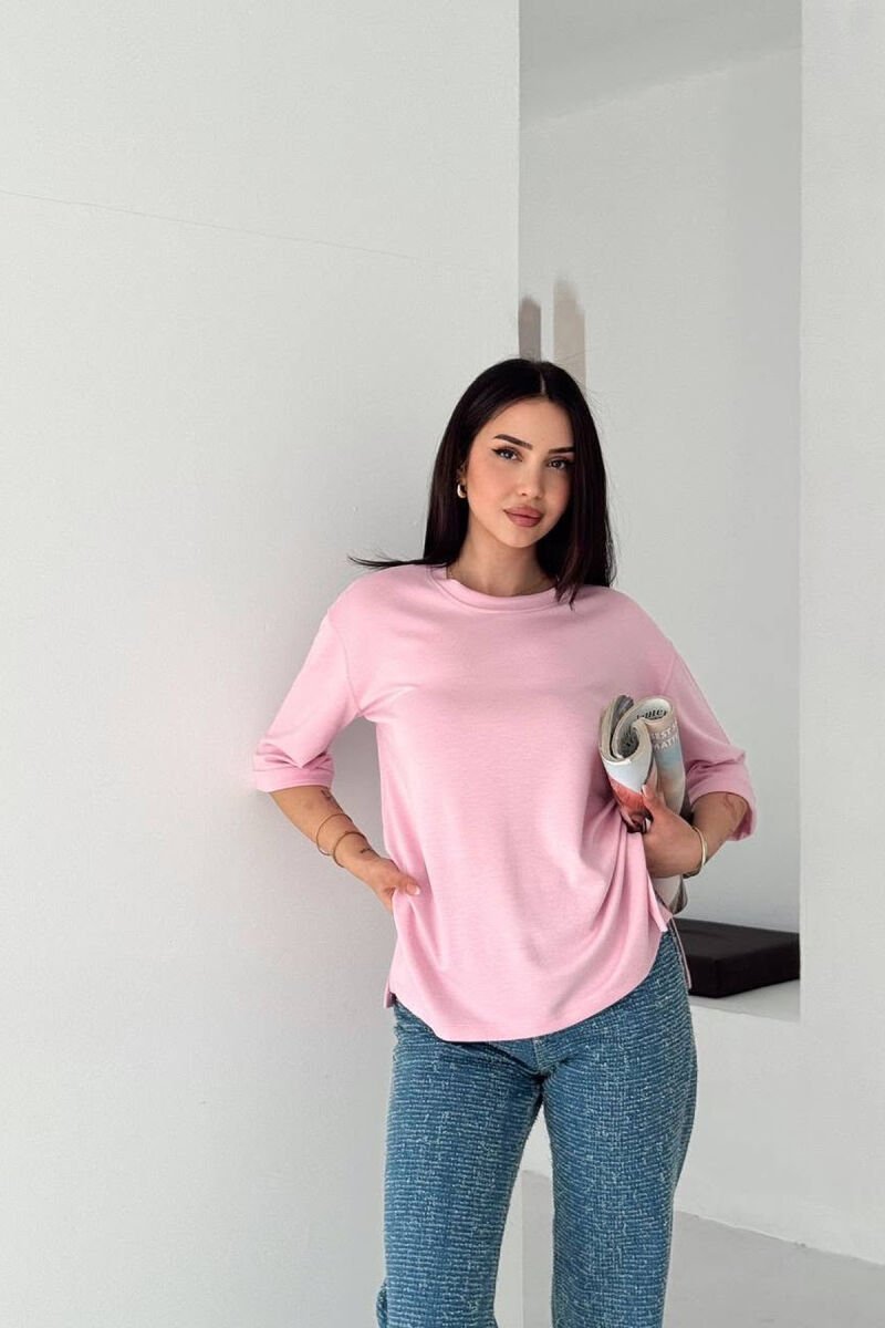 ONE COLOR SIMPLE ROUND NECK WOMEN T-SHIRT PINK/ROZE - 1