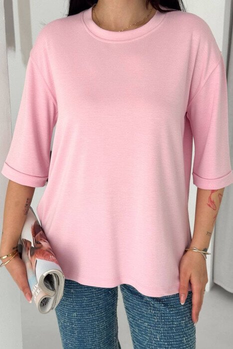 ONE COLOR SIMPLE ROUND NECK WOMEN T-SHIRT PINK/ROZE - 2
