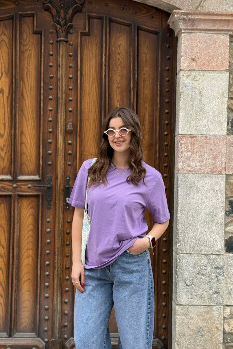 ONE COLOR SIMPLE ROUND NECK WOMEN T-SHIRT + 6 PAIR SOCKS PURPLE/LEJLA - 1