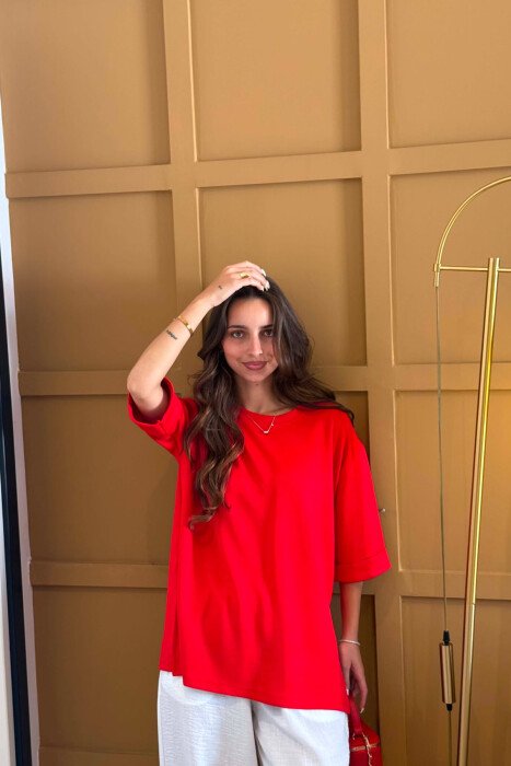 ONE COLOR SIMPLE ROUND NECK WOMEN T-SHIRT RED/E KUQE - 