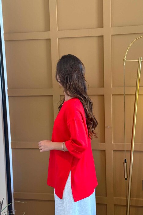 ONE COLOR SIMPLE ROUND NECK WOMEN T-SHIRT RED/E KUQE - 2