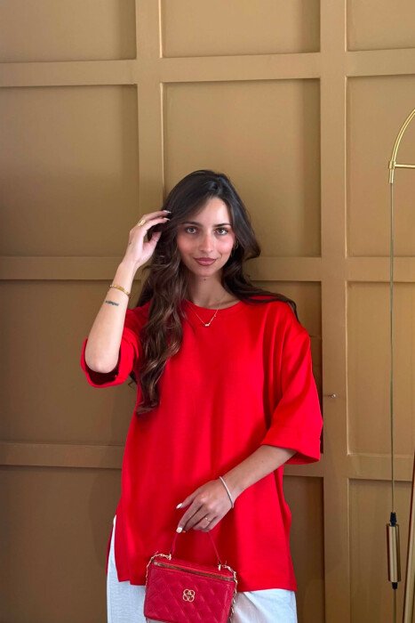 ONE COLOR SIMPLE ROUND NECK WOMEN T-SHIRT RED/E KUQE - 4