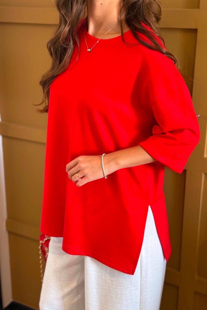ONE COLOR SIMPLE ROUND NECK WOMEN T-SHIRT RED/E KUQE - 5