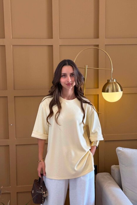 ONE COLOR SIMPLE ROUND NECK WOMEN T-SHIRT YELLOW/E VERDHE - 