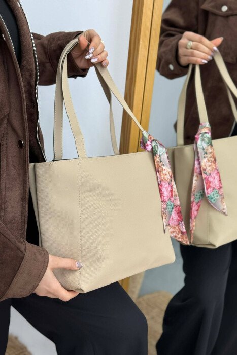 ONE COLOR SIMPLE SCARF DETAIL WOMEN BAG BEIGE/BEZHE - 1