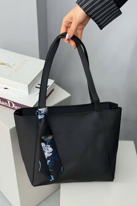ONE COLOR SIMPLE SCARF DETAIL WOMEN BAG BLACK/ E ZEZE - KLAUDIO FASHION
