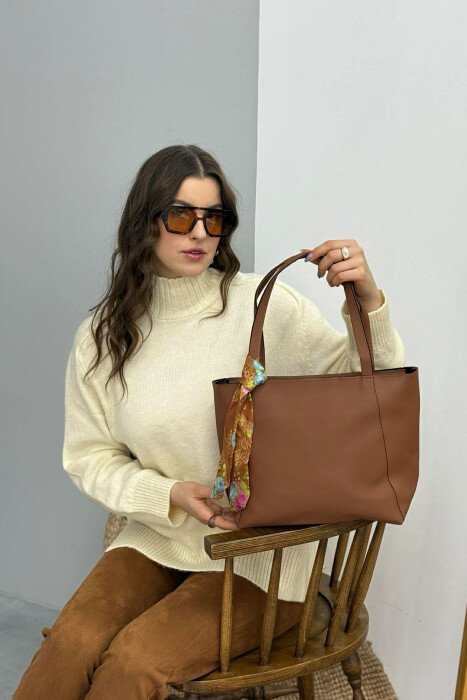ONE COLOR SIMPLE SCARF DETAIL WOMEN BAG BROWN/KAFE - 2