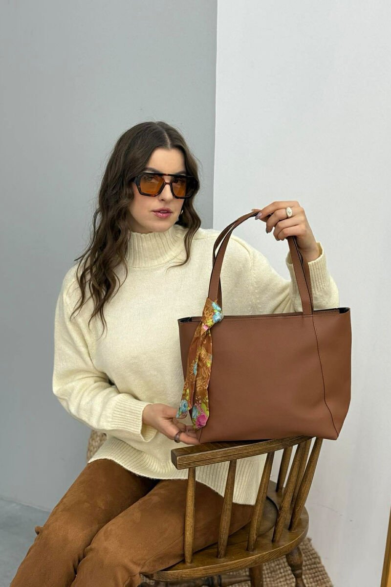 ONE COLOR SIMPLE SCARF DETAIL WOMEN BAG BROWN/KAFE - 2