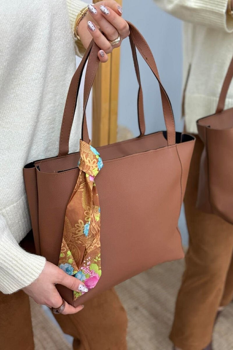 ONE COLOR SIMPLE SCARF DETAIL WOMEN BAG BROWN/KAFE - 4