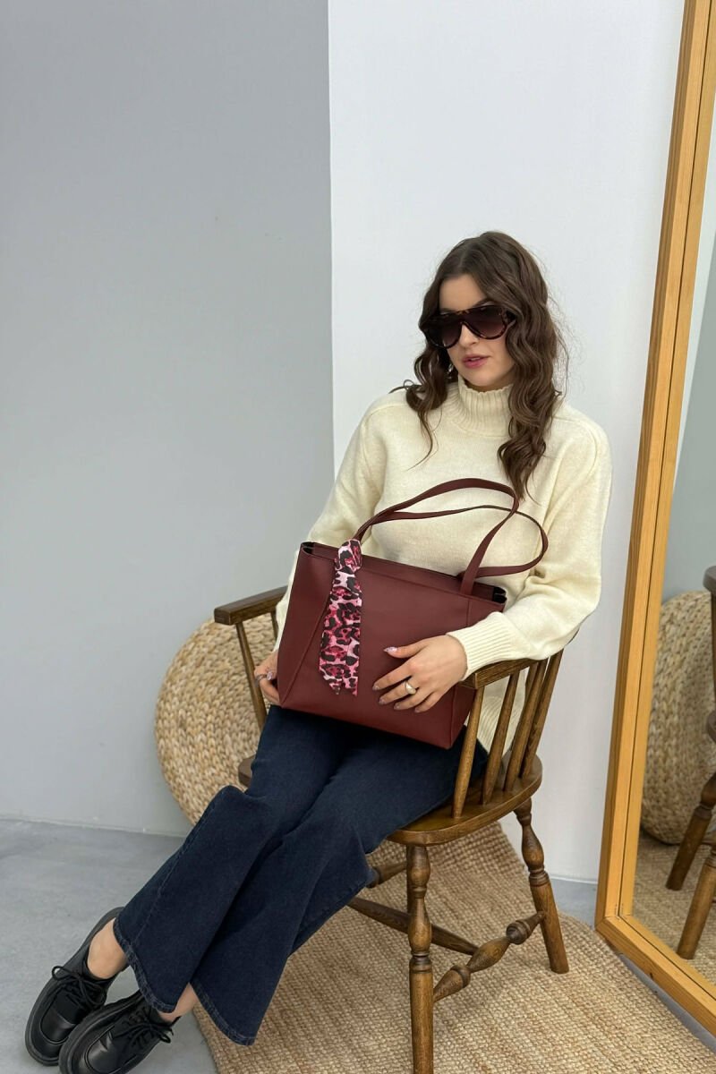 ONE COLOR SIMPLE SCARF DETAIL WOMEN BAG BURGUNDY/VISHNJE - 5