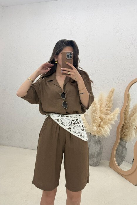 ONE COLOR SIMPLE SHIRT + SHORTS WOMAN SET BROWN/KAFE - 4