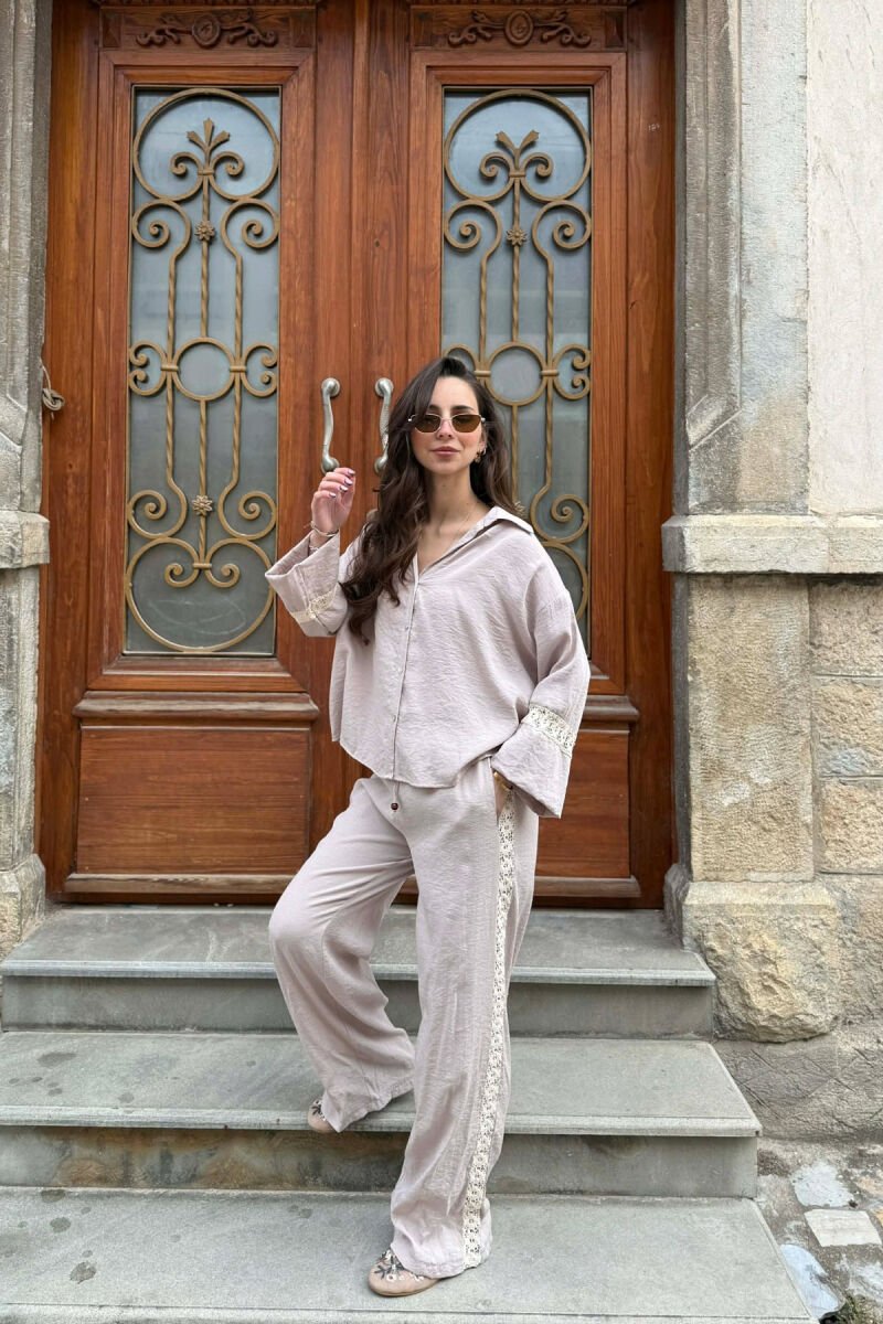 ONE COLOR SIMPLE SHIRT + SWEATPANTS WOMAN TWO-PIECE SET BEIGE/BEZHE - 5