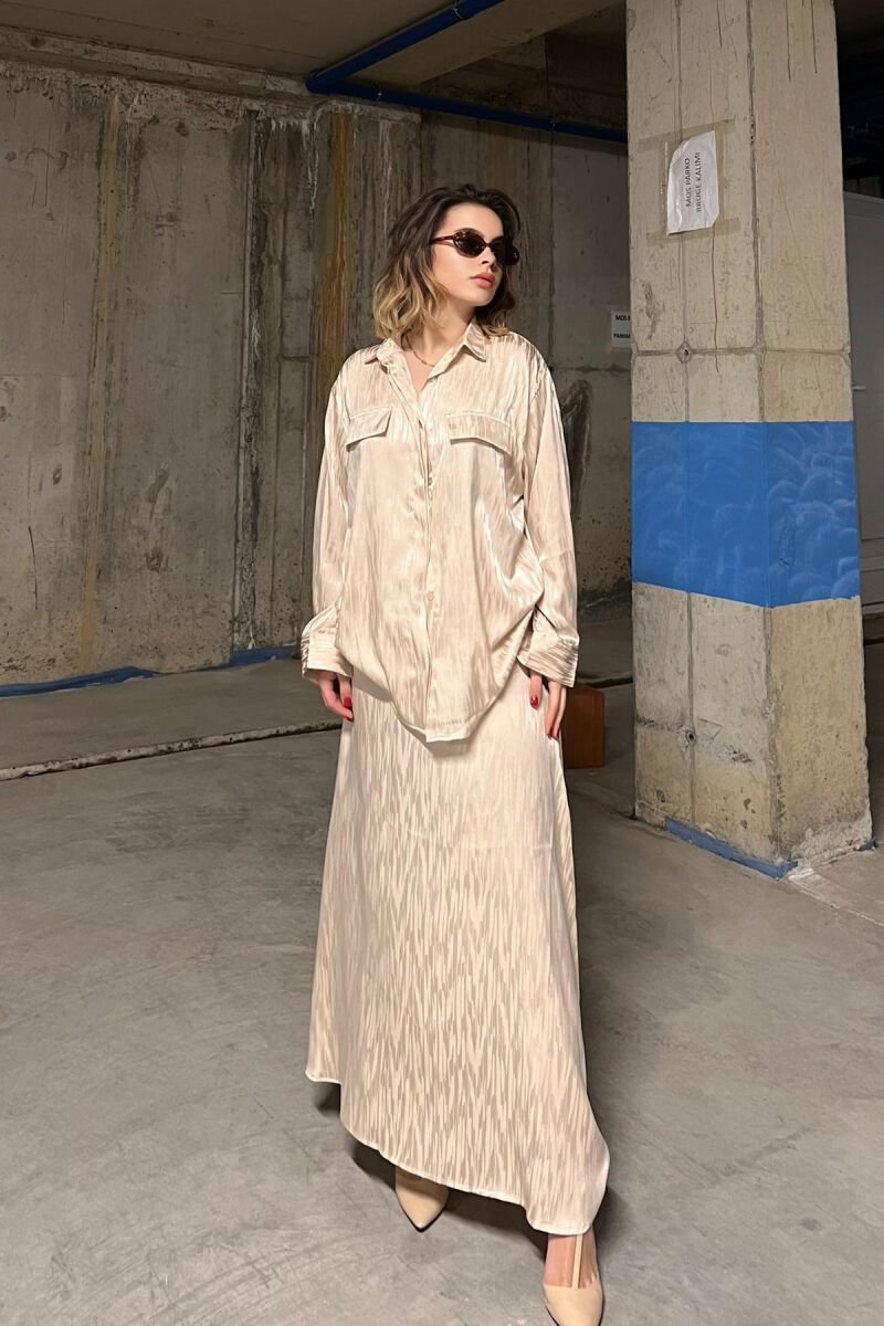 ONE COLOR SIMPLE SHIRT+SKIRT WOMEN SET BEIGE/BEZHE - 1