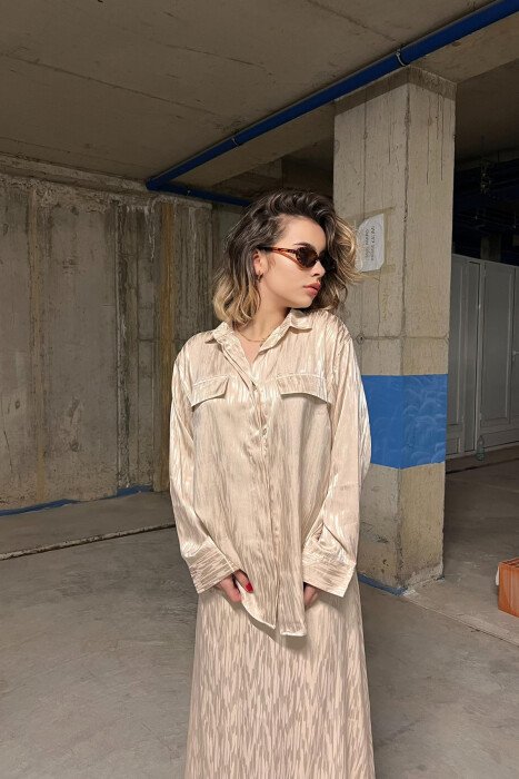 ONE COLOR SIMPLE SHIRT+SKIRT WOMEN SET BEIGE/BEZHE - 3