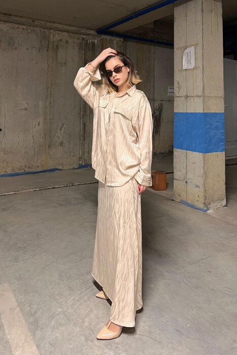 ONE COLOR SIMPLE SHIRT+SKIRT WOMEN SET BEIGE/BEZHE - 4