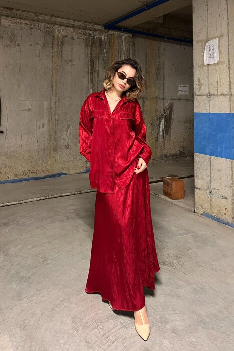 ONE COLOR SIMPLE SHIRT+SKIRT WOMEN SET BURGUNDY/VISHNJE 