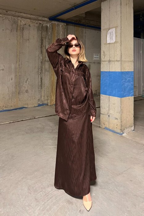 ONE COLOR SIMPLE SHIRT+SKIRT WOMEN SET DARK BROWN/KAE 