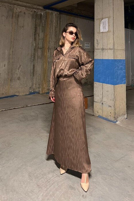 ONE COLOR SIMPLE SHIRT+SKIRT WOMEN SET LIGHT BROWN/KAZB 