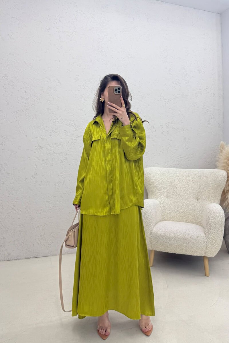 ONE COLOR SIMPLE SHIRT+SKIRT WOMEN SET LIGHT GREEN/JEZB - 2