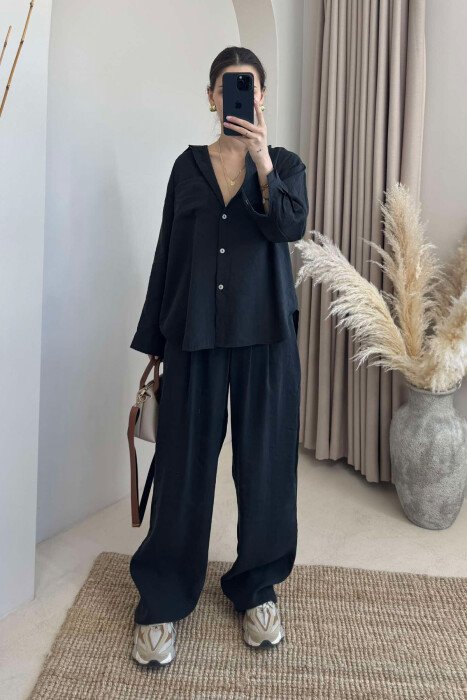 ONE COLOR SIMPLE SHIRT+TROUSERS WOMEN SET BLACK/ E ZEZE - KLAUDIO FASHION
