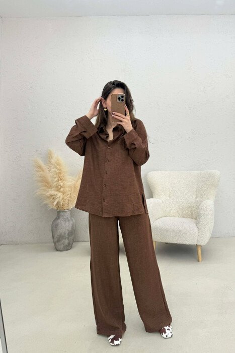 ONE COLOR SIMPLE SHIRT+TROUSERS WOMEN SET BROWN/KAFE 