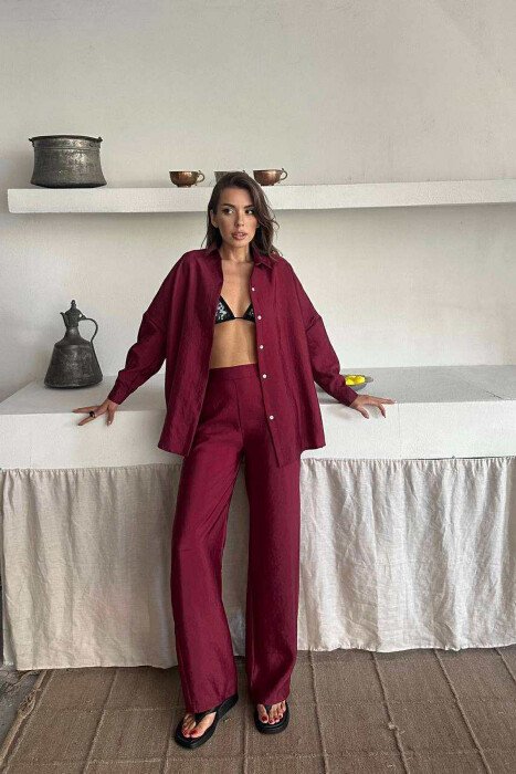 ONE COLOR SIMPLE SHIRT+TROUSERS WOMEN SET BURGUNDY/VISHNJE 