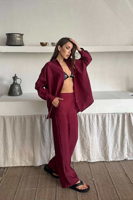 ONE COLOR SIMPLE SHIRT+TROUSERS WOMEN SET BURGUNDY/VISHNJE - 3