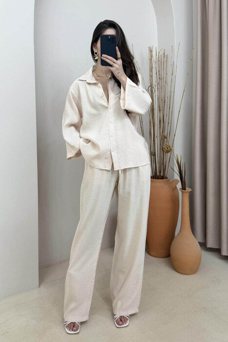 ONE COLOR SIMPLE SHIRT+TROUSERS WOMEN SET CREAM/KREM - 2