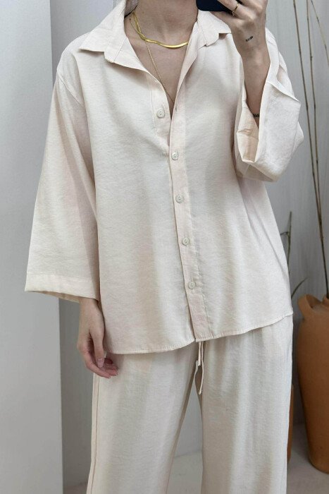 ONE COLOR SIMPLE SHIRT+TROUSERS WOMEN SET CREAM/KREM - 3