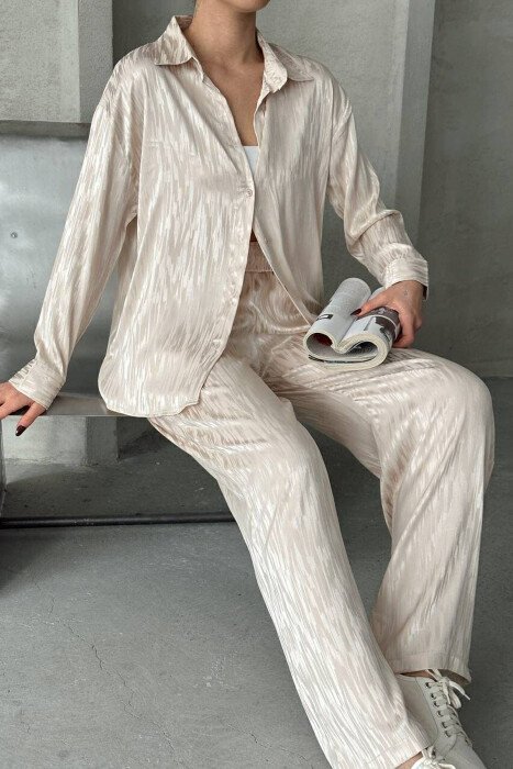 ONE COLOR SIMPLE SHIRT+TROUSERS WOMEN SET CREAM/KREM - 3