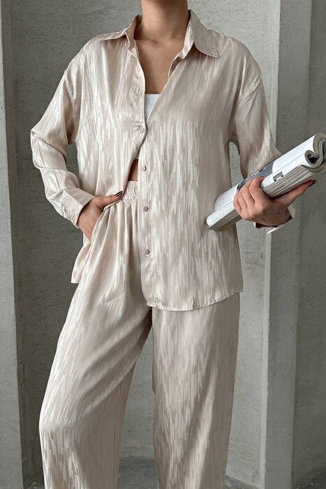 ONE COLOR SIMPLE SHIRT+TROUSERS WOMEN SET CREAM/KREM - 5