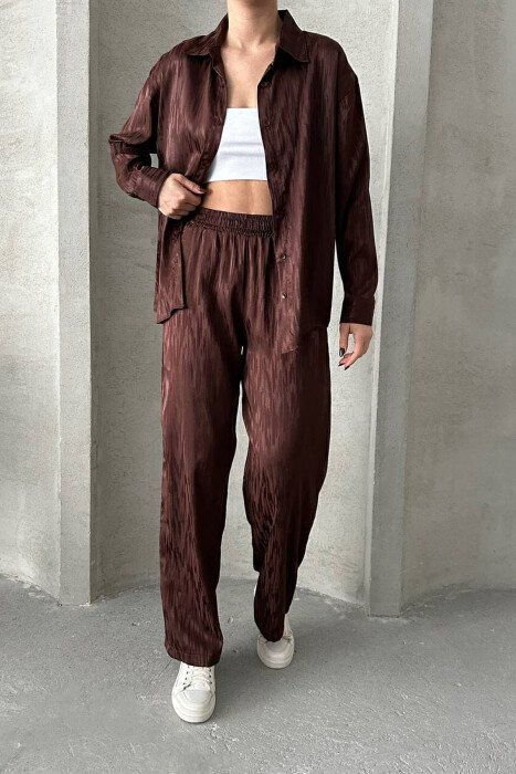 ONE COLOR SIMPLE SHIRT+TROUSERS WOMEN SET DARK BROWN/KAE - 1