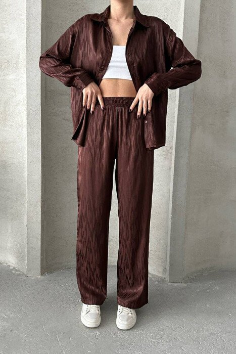 ONE COLOR SIMPLE SHIRT+TROUSERS WOMEN SET DARK BROWN/KAE - 2