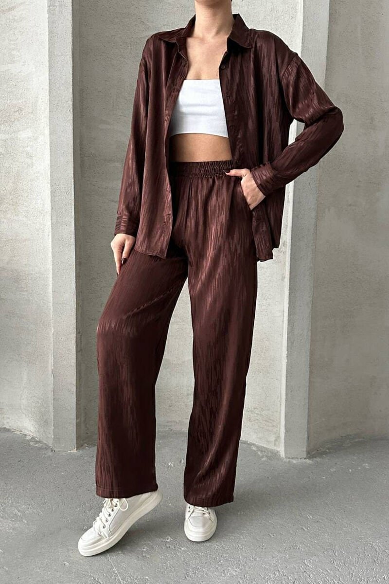 ONE COLOR SIMPLE SHIRT+TROUSERS WOMEN SET DARK BROWN/KAE - 3