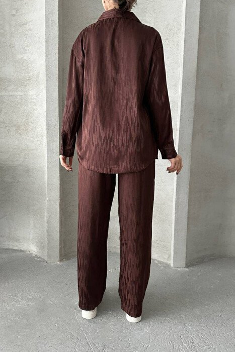 ONE COLOR SIMPLE SHIRT+TROUSERS WOMEN SET DARK BROWN/KAE - 4