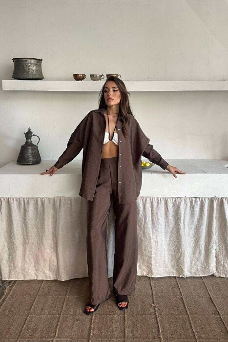 ONE COLOR SIMPLE SHIRT+TROUSERS WOMEN SET LIGHT BROWN/KAZB - 1