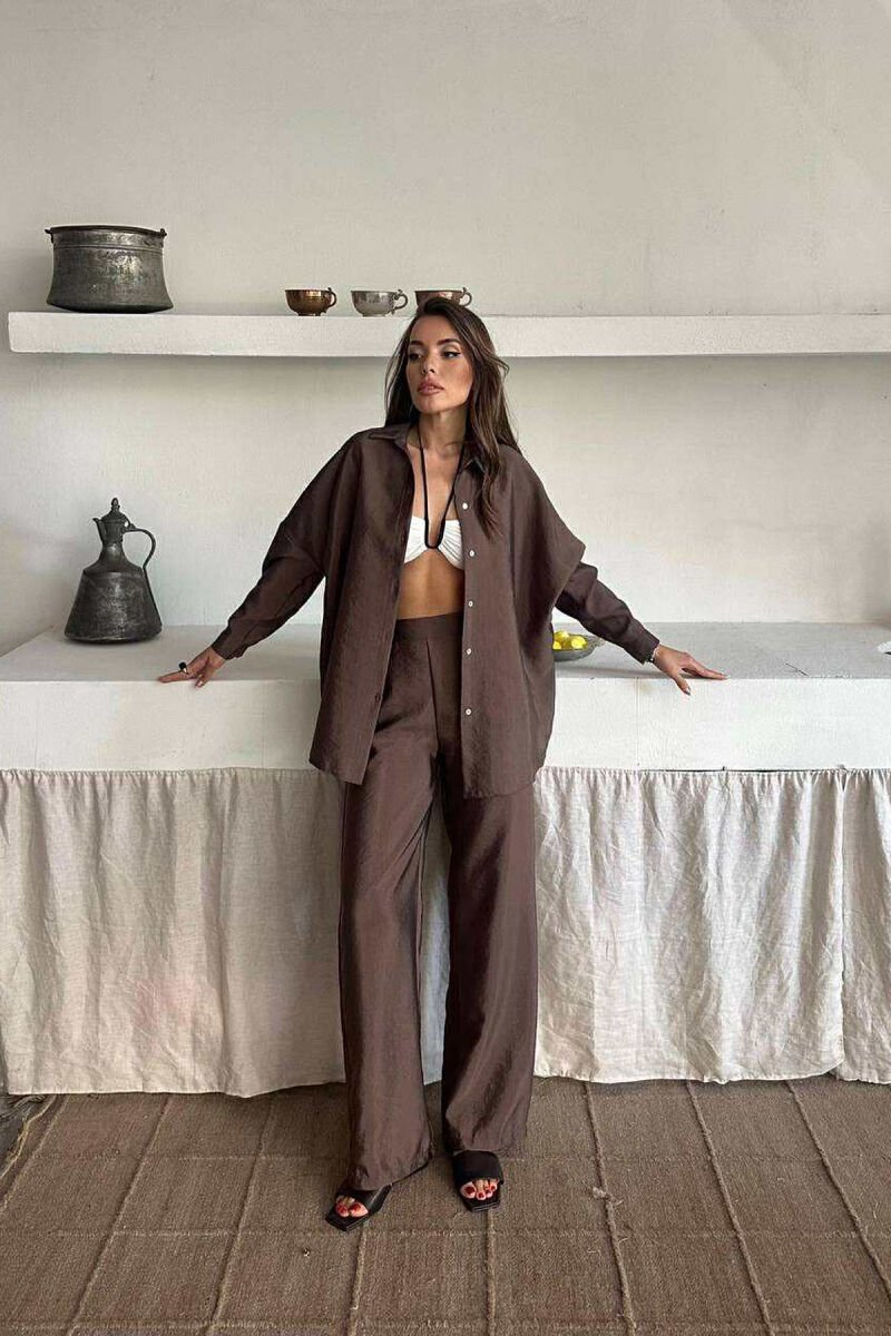 ONE COLOR SIMPLE SHIRT+TROUSERS WOMEN SET LIGHT BROWN/KAZB - 1