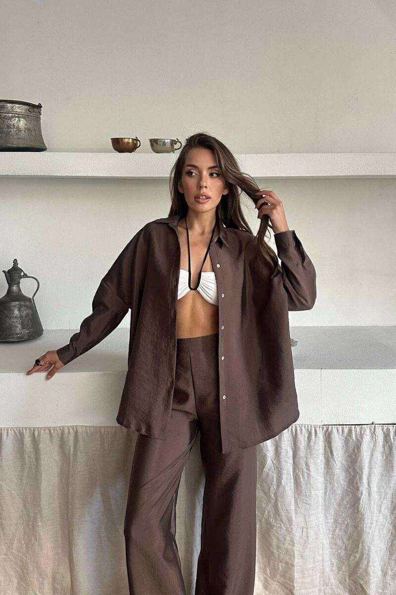 ONE COLOR SIMPLE SHIRT+TROUSERS WOMEN SET LIGHT BROWN/KAZB - 2