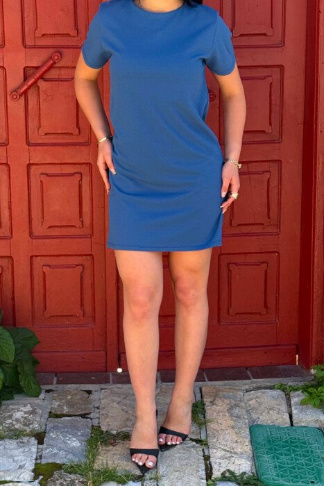 ONE COLOR SIMPLE SHORT SLEEVE WOMAN DRESS BLUE/BLU - 3