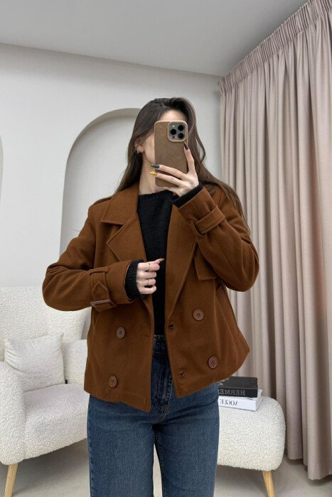 ONE COLOR SIMPLE SHORT WOMEN COAT BROWN/KAFE 
