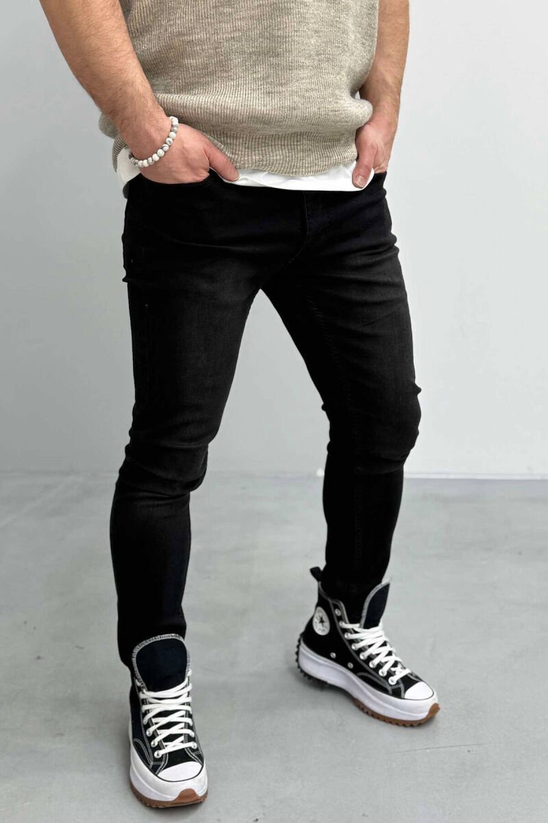 ONE COLOR SIMPLE SLIM FIT ELASTIC MEN JEANS BLACK/ E ZEZE - 3