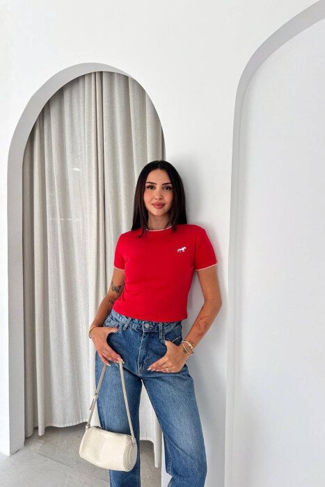 ONE COLOR SIMPLE SMALL LOGO WOMEN T-SHIRT RED/E KUQE - 