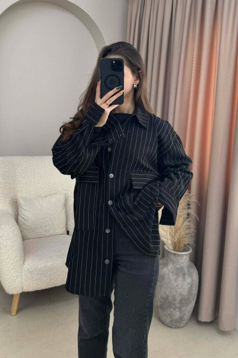 ONE COLOR SIMPLE STRIPES WOMEN SHIRT BLACK/ E ZEZE 