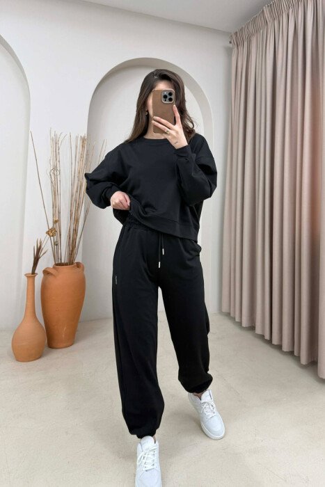 ONE COLOR SIMPLE SWEATSHIRT + JOGGERS WOMAN SET BLACK/ E ZEZE - 1