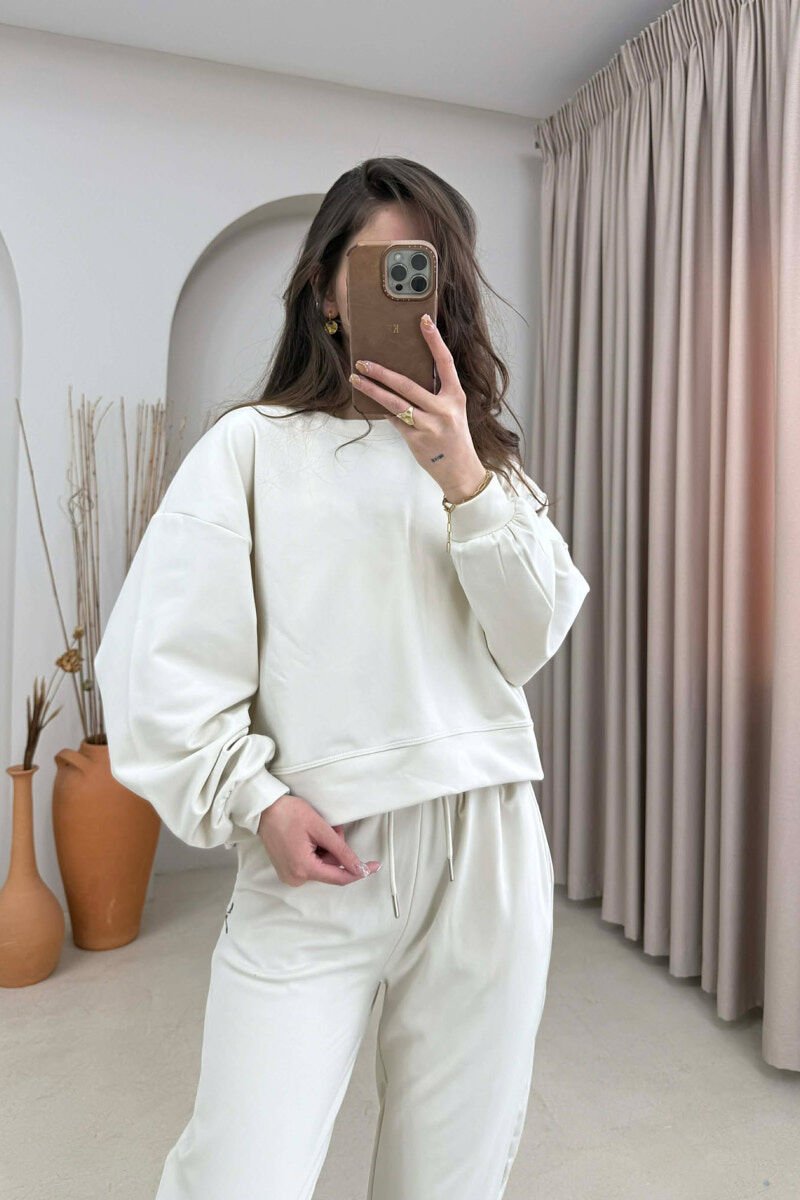 ONE COLOR SIMPLE SWEATSHIRT + JOGGERS WOMAN SET CREAM/KREM - 2