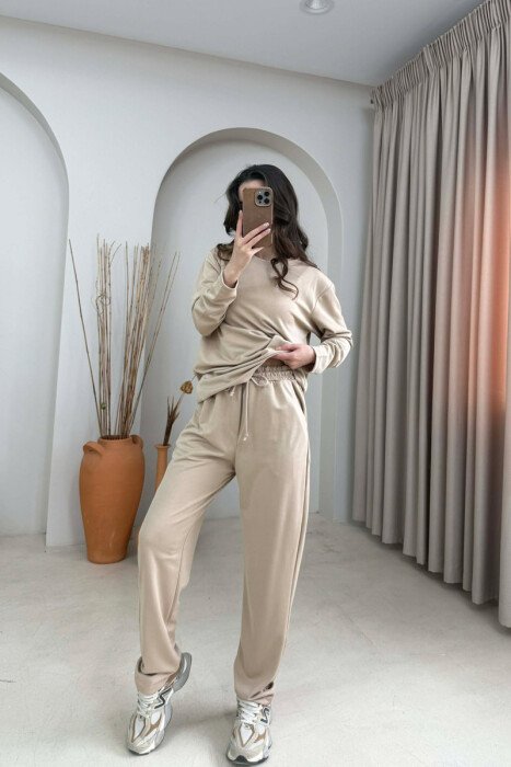 ONE COLOR SIMPLE SWEATSHIRT + SWEATPANTS WOMAN SET BEIGE/BEZHE - 2