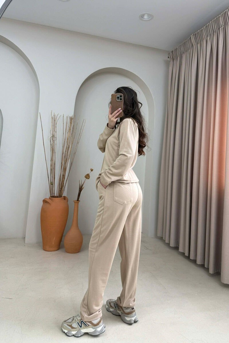 ONE COLOR SIMPLE SWEATSHIRT + SWEATPANTS WOMAN SET BEIGE/BEZHE - 4