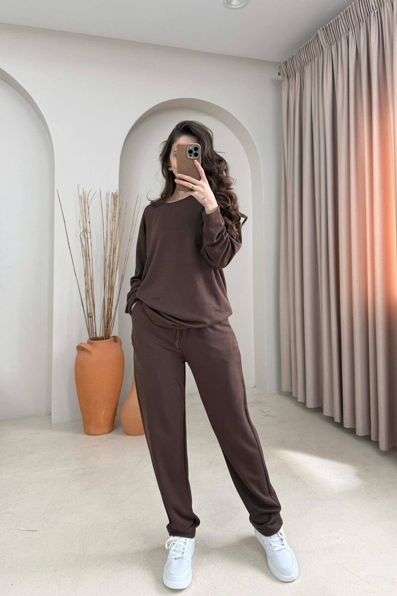 ONE COLOR SIMPLE SWEATSHIRT + SWEATPANTS WOMAN SET BROWN/KAFE - 1