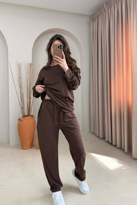 ONE COLOR SIMPLE SWEATSHIRT + SWEATPANTS WOMAN SET BROWN/KAFE - 2
