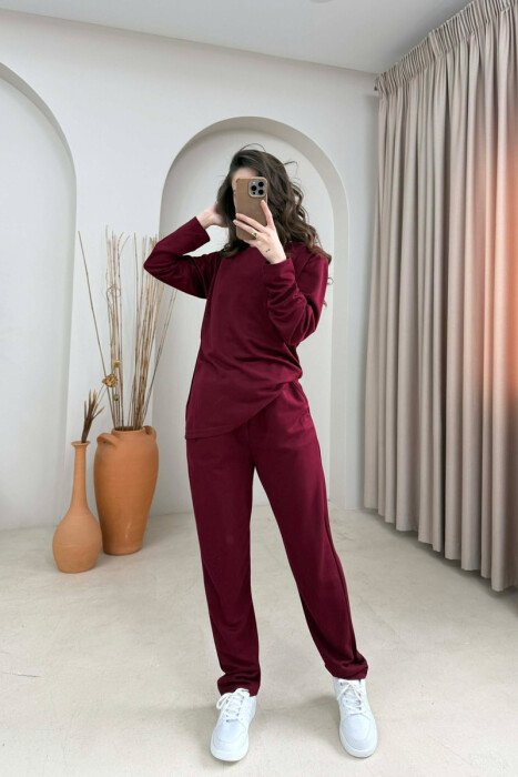 ONE COLOR SIMPLE SWEATSHIRT + SWEATPANTS WOMAN SET BURGUNDY/VISHNJE - 1